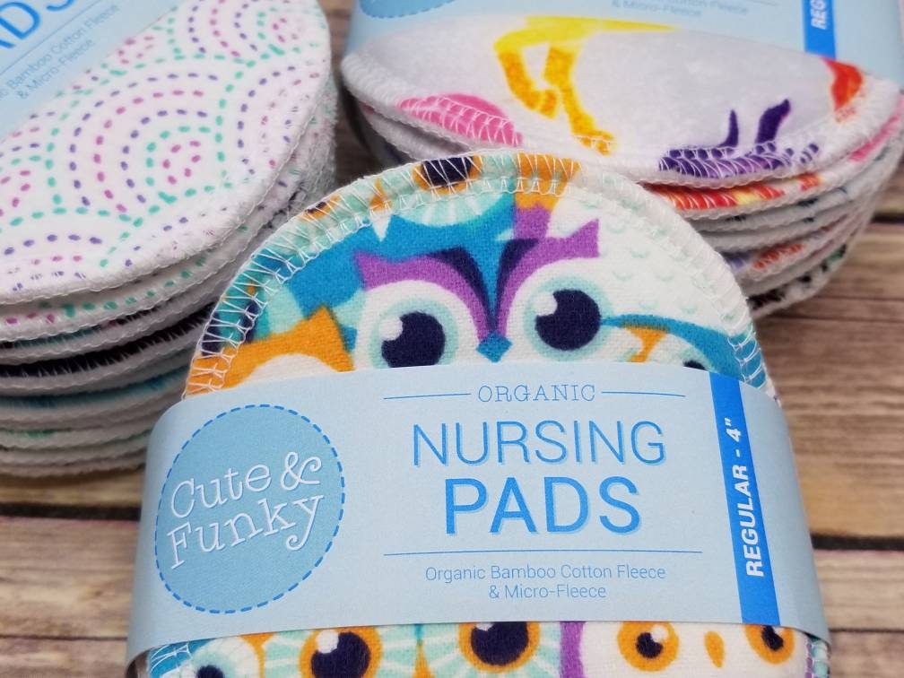 OVERNIGHT Heavy Organic Bamboo Nursing Pads, Set of 6 Pairs of Random Prints, Reusable Breast Pads, New Mom Gift, Baby Shower Gift - Cute and Funky